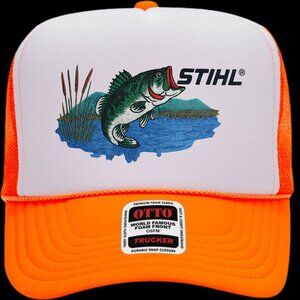 Large Mouth Bass Stihl Orange And White Foam Trucker Snap Back